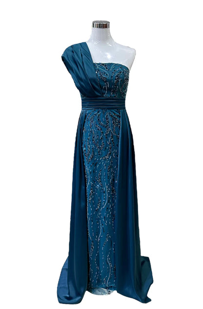 1842- Robe perlée Bleu canard