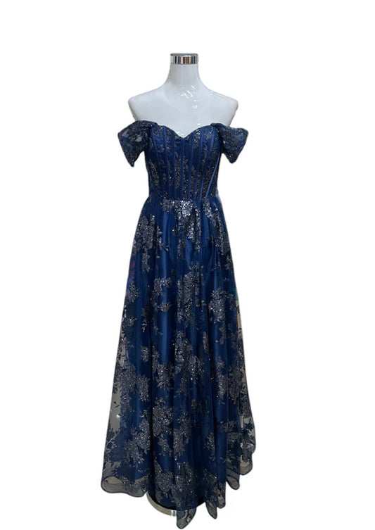 1870- Robe de soirée longue pailletée – col bateau et effet corsage Bleu marine